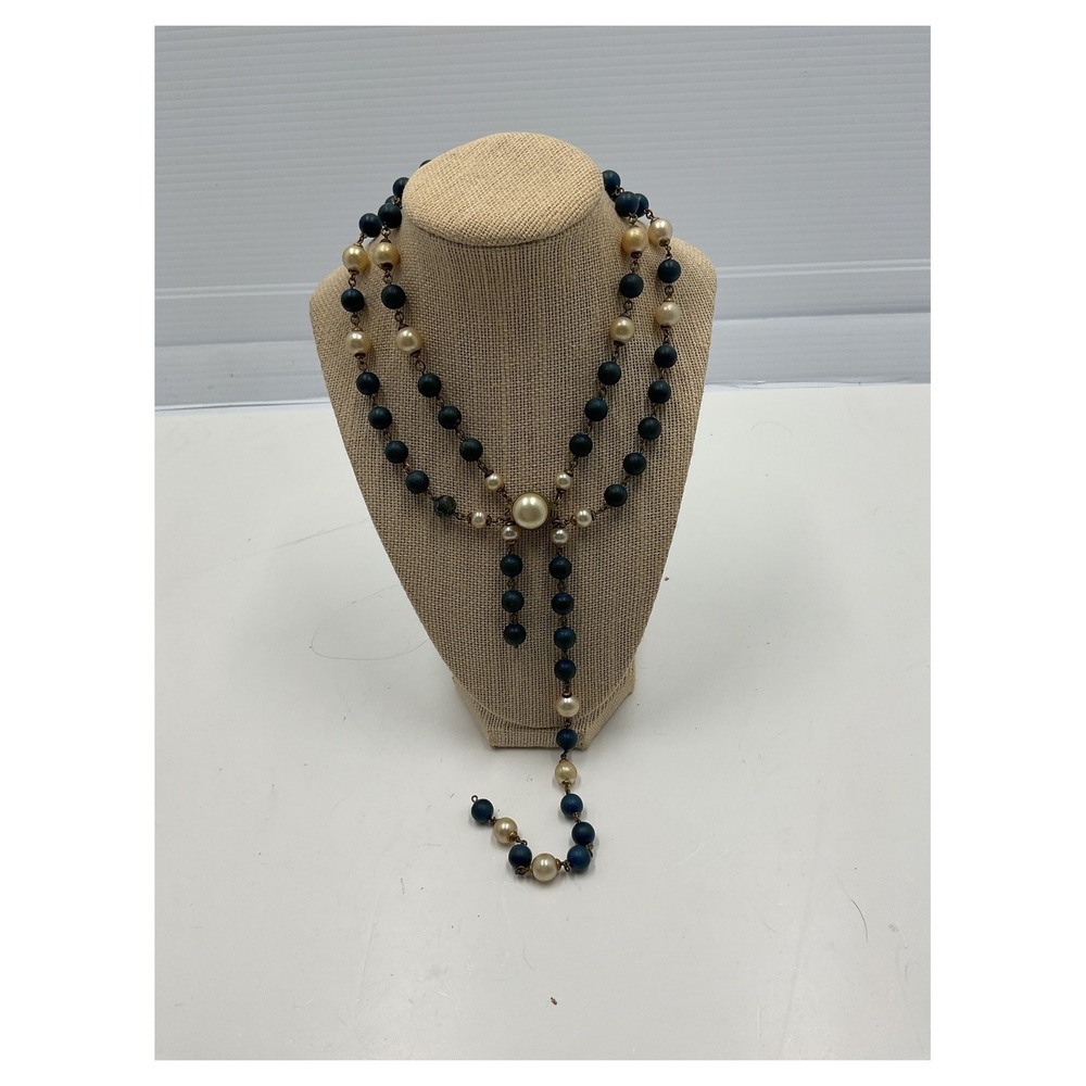 Vintage Blue Faux‎ Pearl Lariat Necklace Multicolor Statement